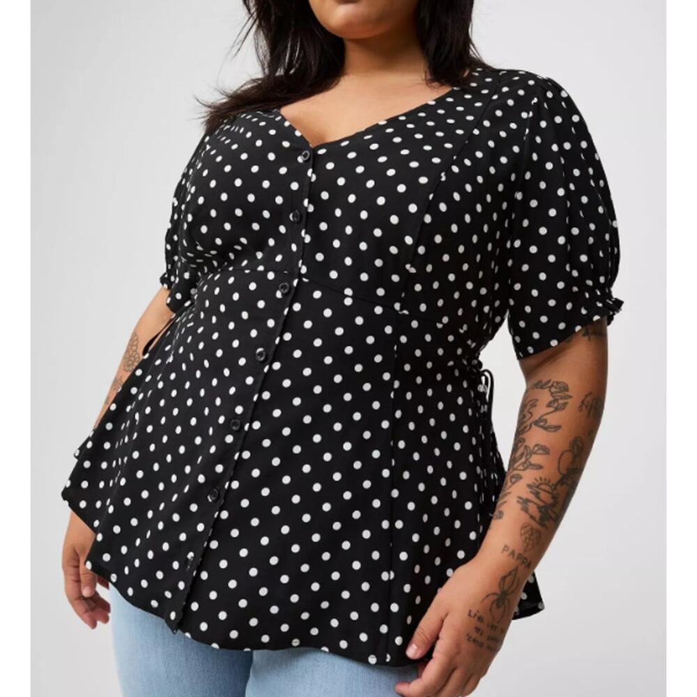 Torrid Womens 1X Plus Size Top Polka Dot Challis Side Tie Babydoll Short Sleeve
